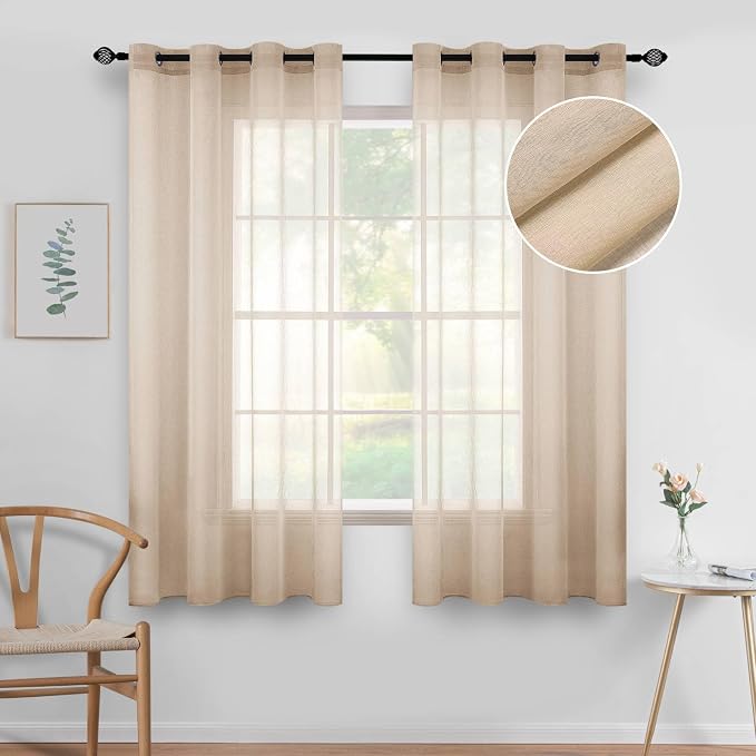MIULEE 2 Panels Beige Semi Sheer Window Curtains Elegant Grommet Top Window Voile Drapes/Treatment Linen Textured Panels for Bedroom Living Room (54X63 Inches)