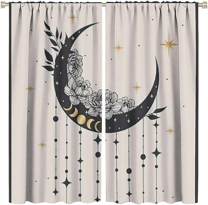 Witchy Curtains, Moody Curtains for Bedroom, Goth Curtains, Moth Curtains Moon Curtains for Bedroom Living Room W63xL72 Inch