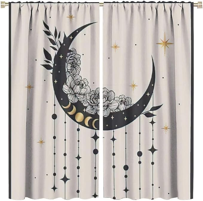 Witchy Curtains, Moody Curtains for Bedroom, Goth Curtains, Moth Curtains Moon Curtains for Bedroom Living Room W63xL63 Inch