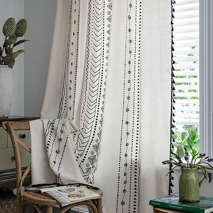 ColorBird Boho Curtains 2 Panels Modern Farmhouse Decor Black and White Striped Geometric Aztec Western Window Treatment Cream Curtain & Drapes for Living Bedroom Dining Room 63 Inch Length