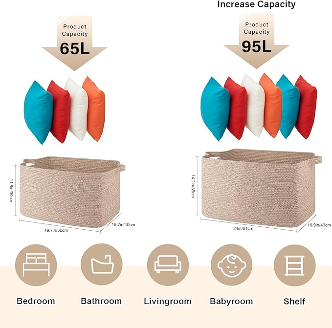 65L Cotton Rope Large Blanket Basket (19.7"x15.7"x11.8") for Living Room, Kids Room & Laundry, Storage Basket with Handle for Organizing Blankets, Pillows, Clothes & Toys, Brown