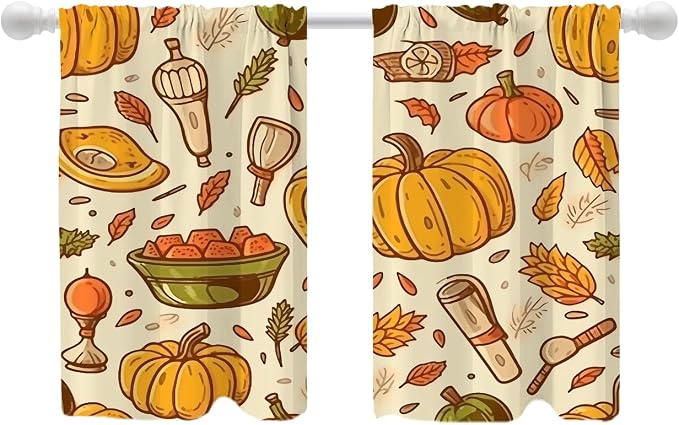 Shrahala Thanksgiving Seamless Pattern Blackout Curtain Tiers, Pumpkin Apple Pear Leaves Kitchen Valance Light Blocking Tier Drapes with Rod Pocket, 2 Pack 26 X 36 in