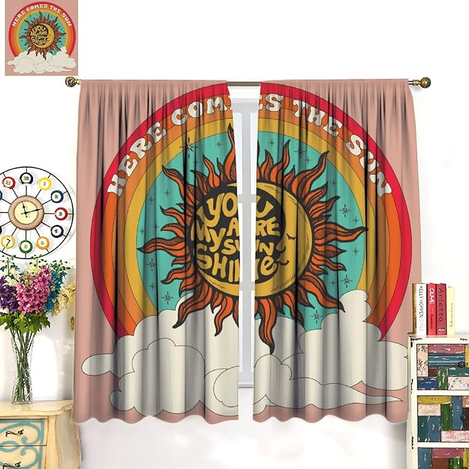 Vintage Sun Moon Blackout Curtains, 70S Groovy Retro Rainbow Clouds Window Treatment Drapes for Bedroom Living Room 72" W X 63" L
