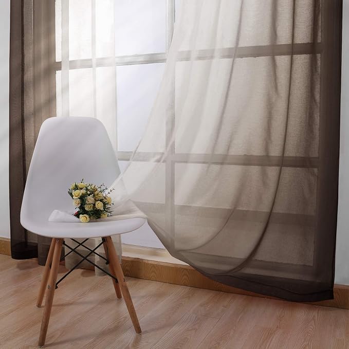 DWCN Brown Faux Linen Ombre Sheer Curtains - Gradient Semi Voile Curtains for Bedroom and Living Room, Set of 2 Grommet Top Window Curtain Panels, 42 x 63 Inches Long, Chocolate Brown