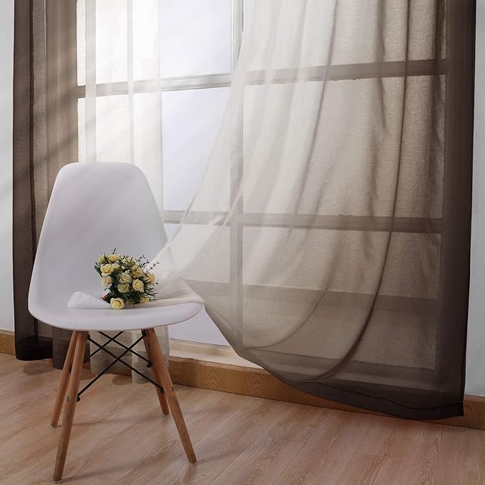 DWCN Ombre Sheer Curtains - Faux Linen Semi Voile Grommet Top Gradient Curtains for Bedroom and Living Room, Set of 2 Window Curtain Panels, 52 x 54 Inch Length, Chocolate Brown