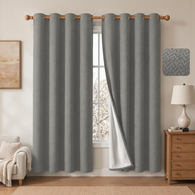 2 Panels 100% Blackout Linen-Textured Curtains, Thick Thermal Insulated Grommet Drapes with Subtle Herringbone Weave, Luxury Decor for Bedroom/Living Room, 54 x 72 Inches, Grey