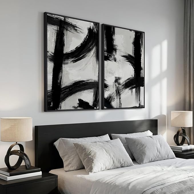 Framed Black and White Abstract Wall Art Set of 2 for Living Room, Large Mid Century Modern Canvas Artwork for Walls, Contemporary Minimalist Ink Painting Print Wall Decor for Bedroom Office, 24x36 In
