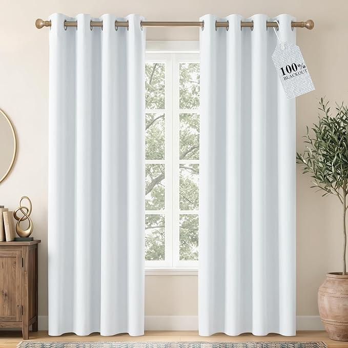 NICETOWN Farmhouse 100% Blackout Linen Curtains for Bedroom, Off White, W52, 2 Pieces, Noise Reducing Textured Linen Look 90 inch Length Curtains for Living Room