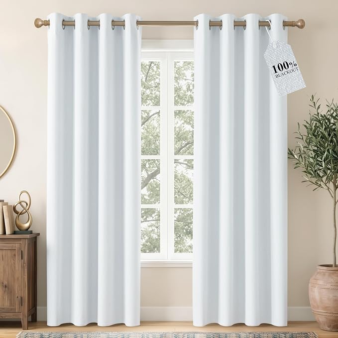 NICETOWN Farmhouse 100% Blackout Linen Curtains for Bedroom, Off White, 52" Wide, 2 Pieces, Privacy Vertical Window Drapes 84 inch Long for Office Laundry Windows