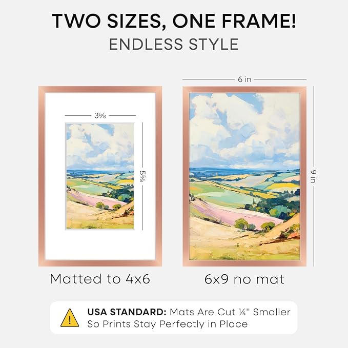 Homeforia Rose Gold 6x9 Picture Frame, High End Metal 6 x 9 Frames with Mat 4 x 6 for Print, 6by9 Desk Frame Matted to 4x6 inch Photo, 6 by 9 Wall or Tabletop Frame, Tempered Glass, Wall Kit, Set of 1