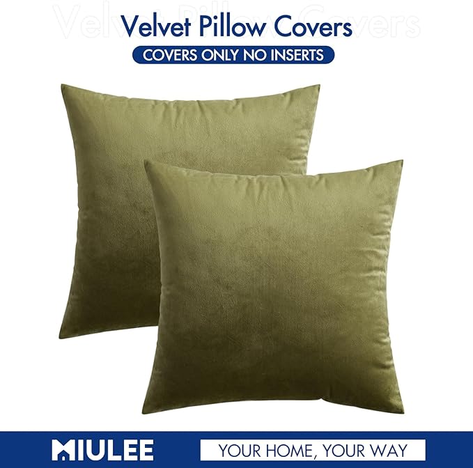 MIULEE Velvet Throw Pillow Covers 20x20 Inch, Pack of 2 - Olive Green, Soft Solid Decorative Pillow Covers Cushion Cases Modern Luxury Home Decor for Couch Sofa Bedroom Livingroom