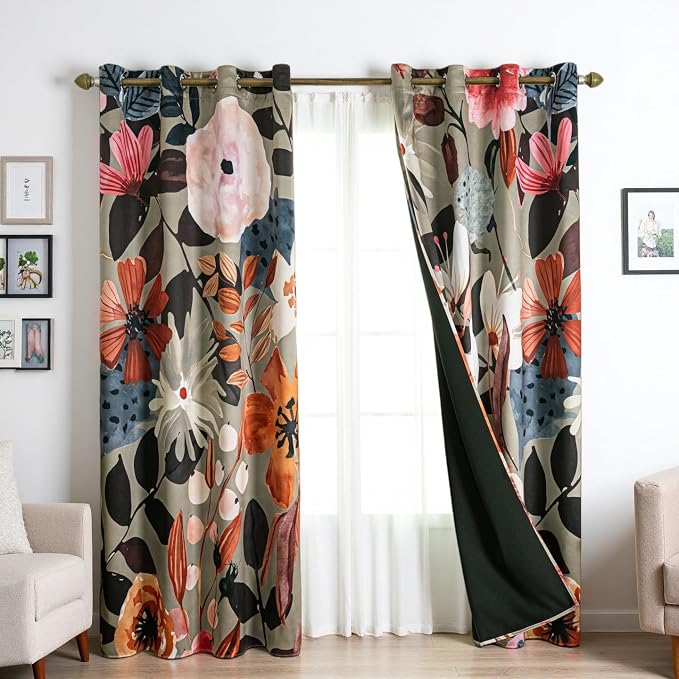 Floral 100% Blackout Curtains 63 inch Long 2 Panels Set for Bedroom Vintage Sage Green Botanical Pattern Black Out Curtain Thermal Insulated Light Blocking Window Drapes for Living Room 52 x 63 inch