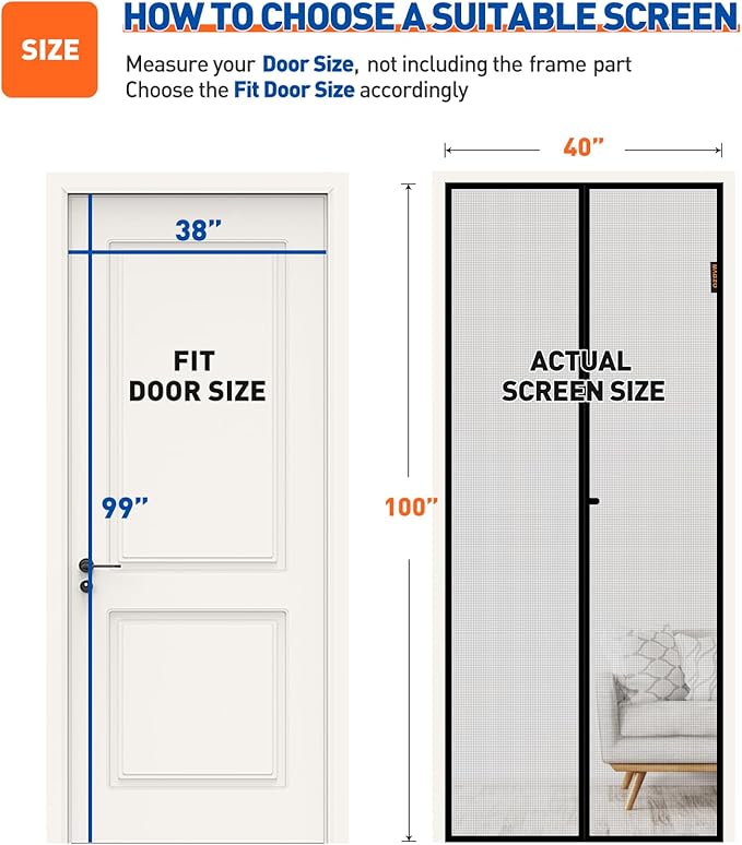 MAGZO Magnetic Screen Door Fit Door Size 38 x 99 Inch, Screen Size 40" x 100" Strong Magnets Mesh, Reinforced Fiberglass Net for Patio and Front Entrances, Gray