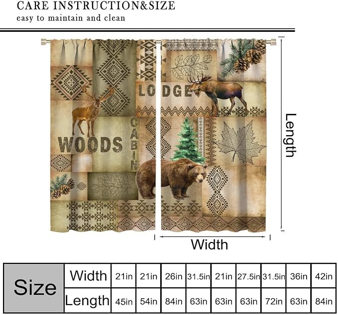 Country Bear Deer Blackout Curtains for Kitchen Vintage Farmhouse Plaid Hunting Forest Lodge Wildlife Bear Elk Pinecone Lake Window Treatments for Farmhouse Bedroom Living Room 55x63in