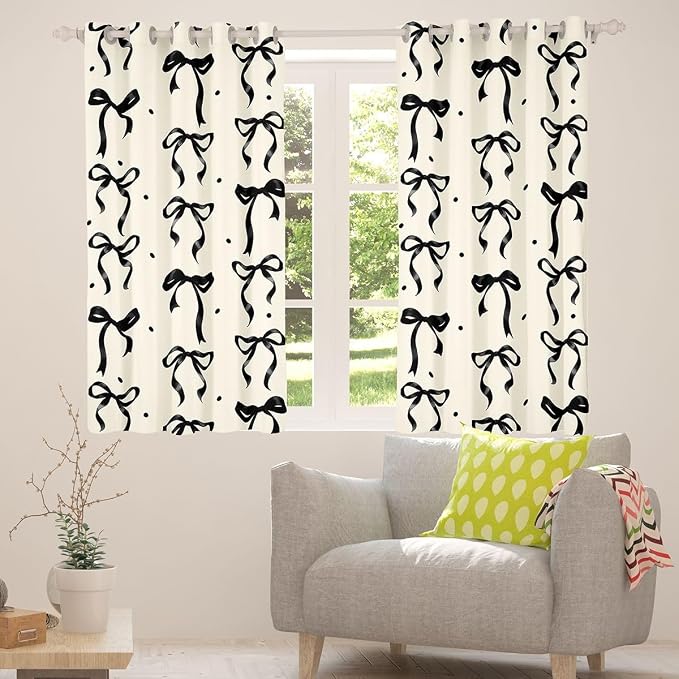 Feelyou Girls Bow Blackout Curtains Black Bowknot Darkening Drapes for Bedroom Living Room Coquette Aesthetic Thermal Insulated Shades Kawaii Princess Style Window Treatments, 2 Panels 38 x 45 Inch