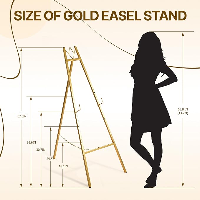 57.5" Gold Easel Stand for Sign, Wedding Sign Stand for Display, Assembly Required, 4 Adjustable Height Levels Heavy Duty Metal Display Stand Floor Standing Easels for Art, Paintings, Pictures(2 Pack)
