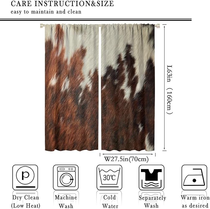 Cow Print Blackout Curtain,Animal Fur Skin Brown White Cowhide Western Rustic Farmhouse Window Treatments Rod Pocket Curtain for Bedroom Living Room Kitchen Decor Drapes 55x63in