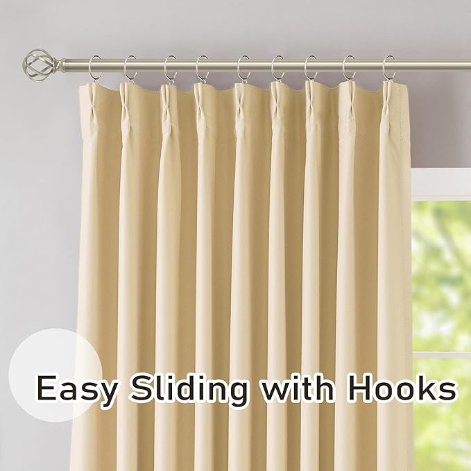 DONREN Beige Pinch Pleated Blackout Curtains with Hooks - 90 inch Length Room Darkening Thermal Insulated Window Curtain Panels for Living Room Bedroom 2 Panel 40" Wx90 L