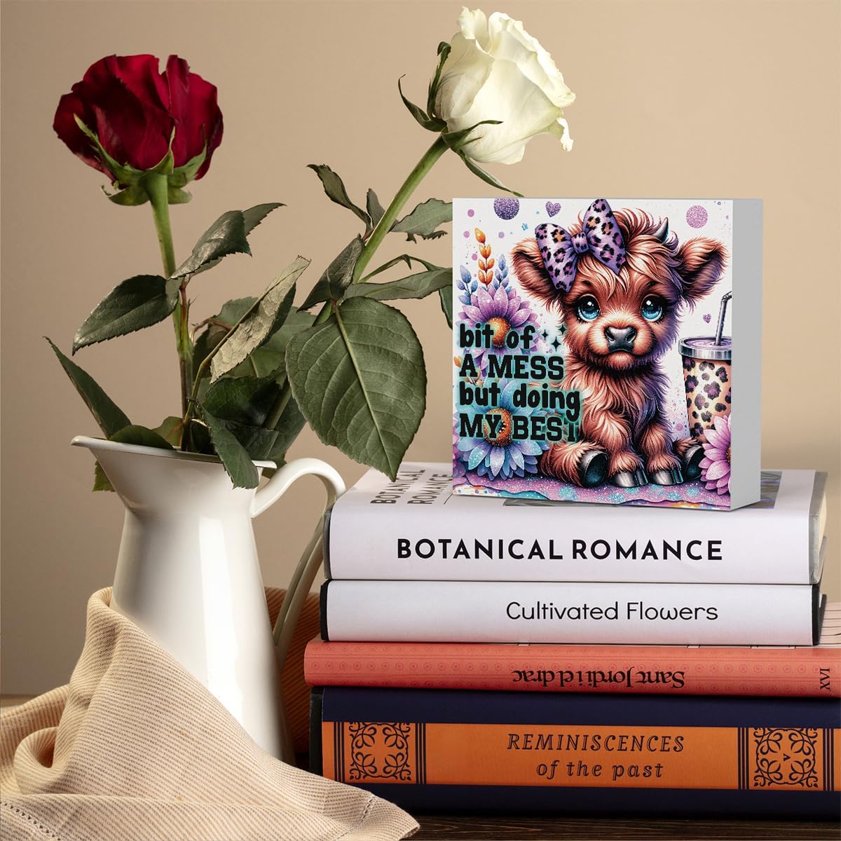 Highland Cow Baby Decor, Highland Cow Sunflower Decor, Highland Cow Gifts for women, Highland Cow Nursery Decor, Wooden Box Decor Sign for Home Farmhouse Office Living Room Table Shelf Tiered