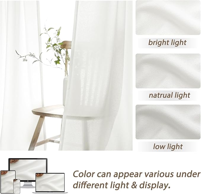 Pure White Short Thick Linen Viral Curtains 54 Inch Length 2 Panel Set for Small Windows, Pinch Pleated Rustic Semi Sheer Light Filtering Privacy Drapes with Back Tab 40 x 54 Inches Kitchen Curtain