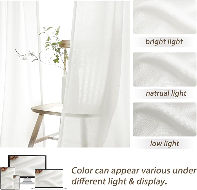 Custom Pure White Semi Sheer Linen Floor to Ceiling 105 Inch Curtains for Dining Room 2 Panels Set, Neutral Pinch Pleat Privacy Drapes Let the Light In Cute Kids Room Curtain for Large Windows 8-3/4FT
