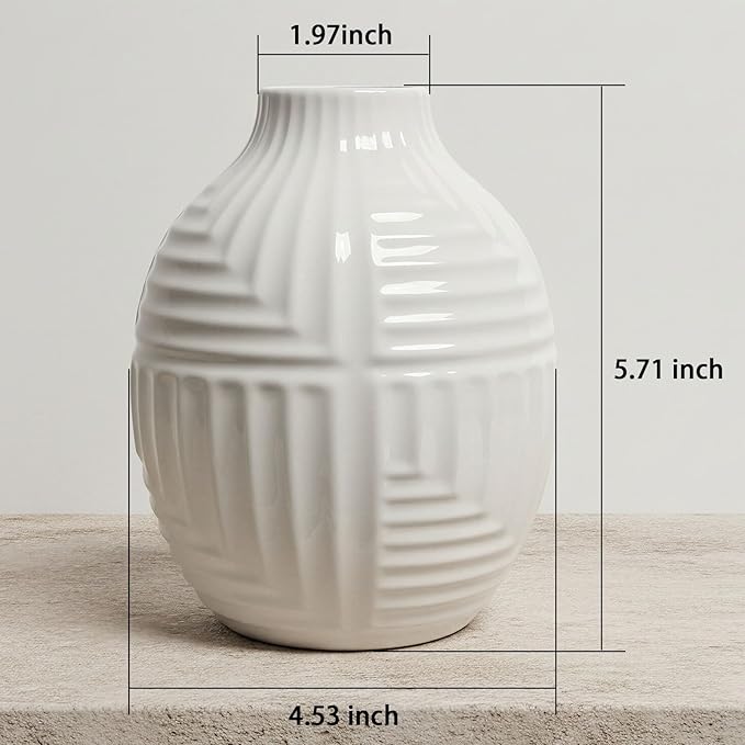 hjn Hand-Glazed White Ceramic Vase - 5.7" H Modern Decorative Centerpiece Vase for Fresh/Dried Flowers, Home Decor for Living Room Bookshelf Mantel | Wedding Housewarming Gift