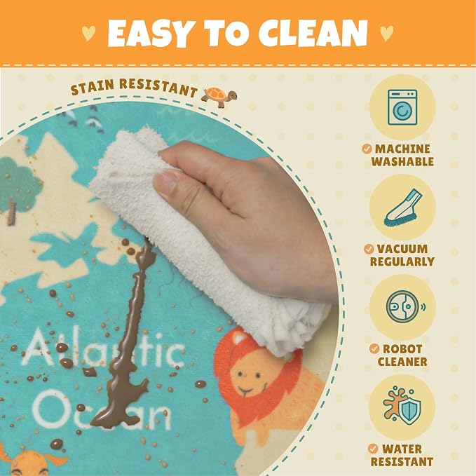 Large 8x10 Playroom Rugs - Kids Area Rug for Classroom Elementary, Bedroom, Living Room, Washable Soft Cute World Map Carpet with Ocean, Continents & Animals