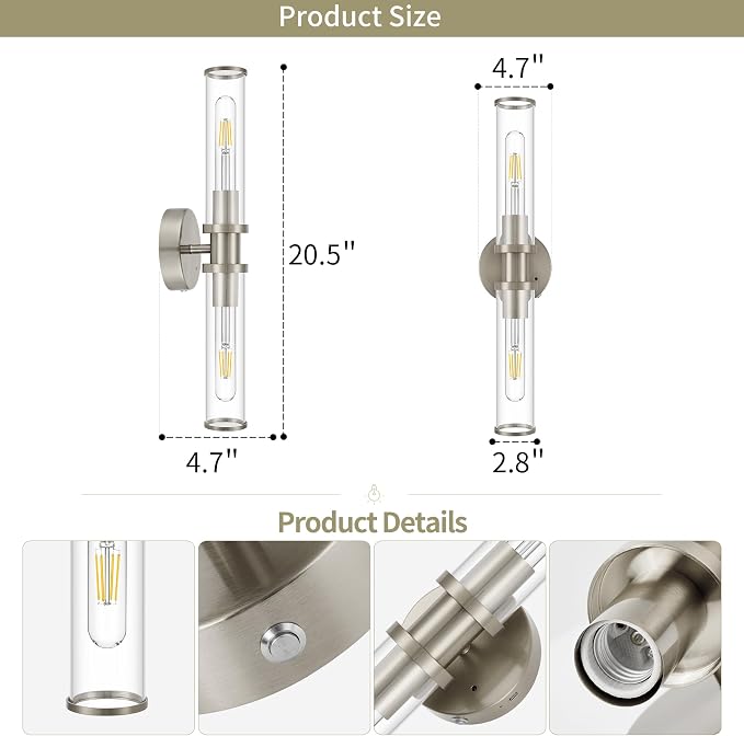 Rayogale Nickel Wireless Battery Operated Wall Sconces with Remote Control | Glass Rechargeable Wall Lights Set of 2 with Timer Function Dimmable for Living Room Bedroom Emergency 3000K, 20.5 Inch