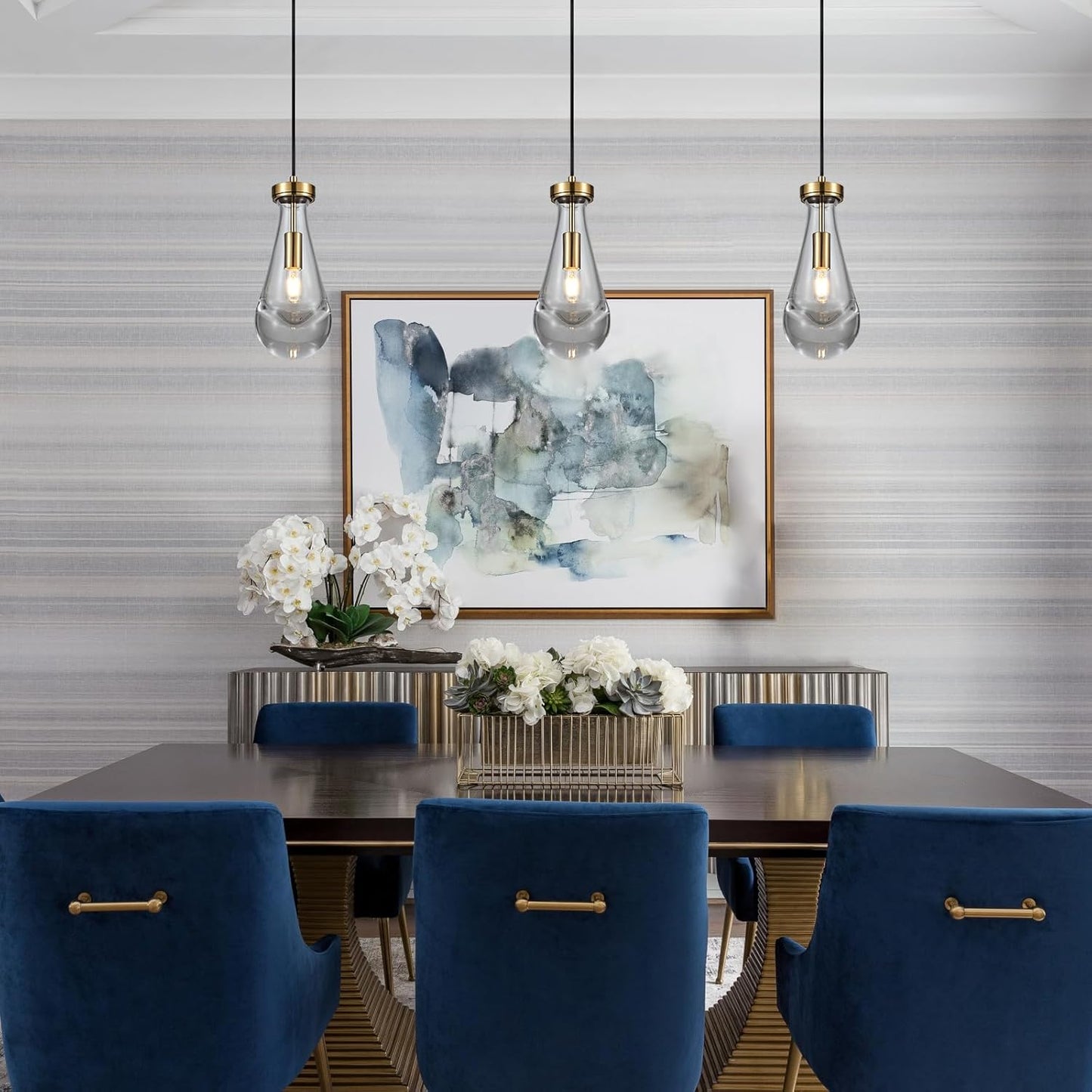 Raindrop Pendant Light Fixtures Set of 3, Brass Glass Pendant Lighting, Teardrops Modern Hanging Light for Entryway Foyer Kitchen Island Dining Living Room Hallway