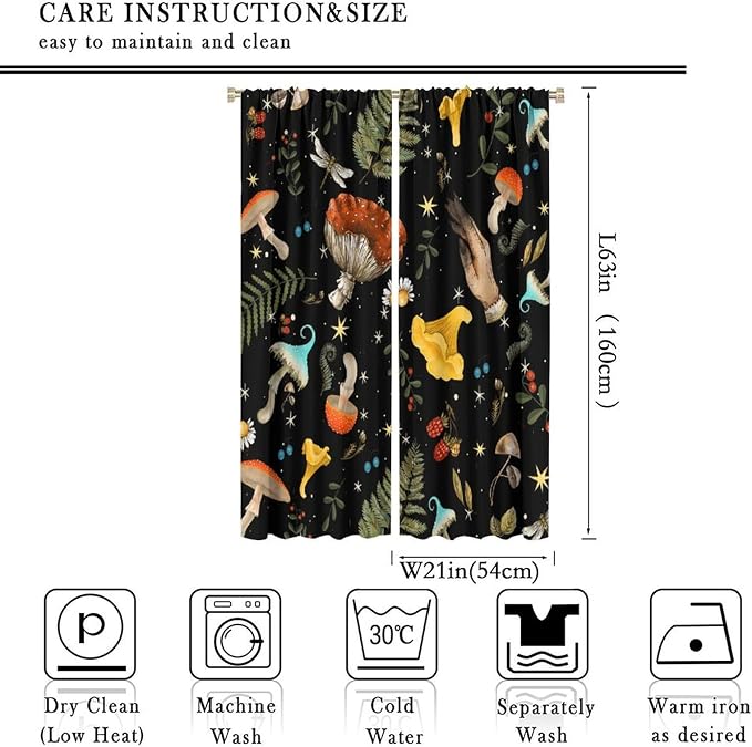Retro Mushroom Curtains, Boho Rustic Vintage Botanical Mushroom Gothic Witch Wildflower Plant Print Blackout Window Treatments for Living Room Bedroom Kitchen 42x63in