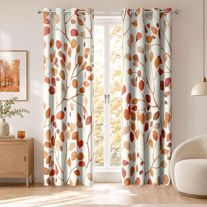 Boho Orange Brown Leaf Floral Blackout Curtains, Watercolor Bohemian Flower Print Window Drapes, Living Room Bedroom Decor 2 Panels 52x84 Inch