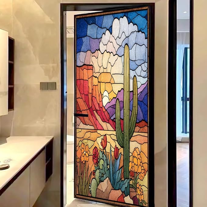 Colorful Desert Stained Glass Window Film, Artistic Cactus Landscape Peel and Stick Privacy Film, Frosted Adhesive Vinyl Decorative for Bathroom Windows Glass Doors, 19.7Wx31.5L inch