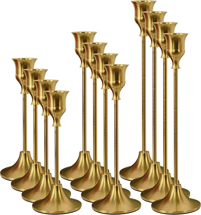 NLBTW Set of 12 Brass Gold Taper Candle Holders, Candlesticks Holders Bulk, Vintage Candlestick Holder Decorative Metal Candle Sticks Home Decor Centerpieces for Table Mantel Festive Decorations