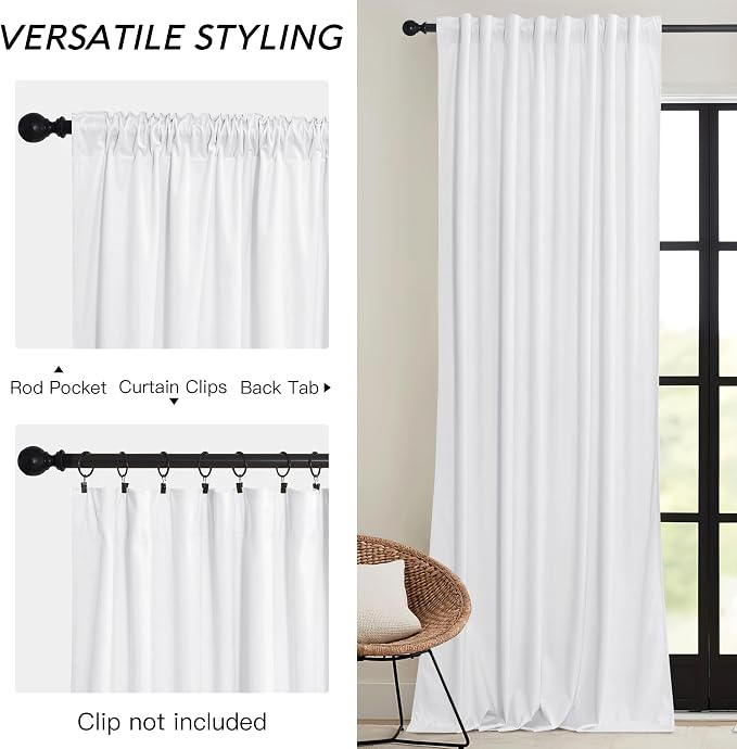 RYB HOME White Velvet Curtains 102 inches with Hook Belt, Soft Fabric Room Darkening Thermal Insulated Luxurious Home Decor Curtains for Living Room Bedroom, W 52" x L 102", 2 Panels Set