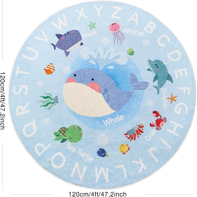 Soft Round ABC Rug for Kids Room,4 ft Washable Circle Rug,Non-Slip Whale Alphabet Kids Rug Carpet for Playroom Bedroom Kids Room Decor