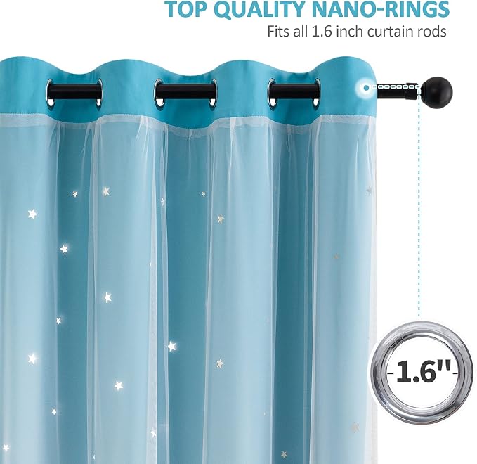 Stiio Star Cutout Curtains for Girls Bedroom 2 Panels, 2 in 1 Light Blocking Blackout Curtains with Sheer Grommet Window Drapes for Living Room Kids Room, W52 x L95 inches, Blue Purple