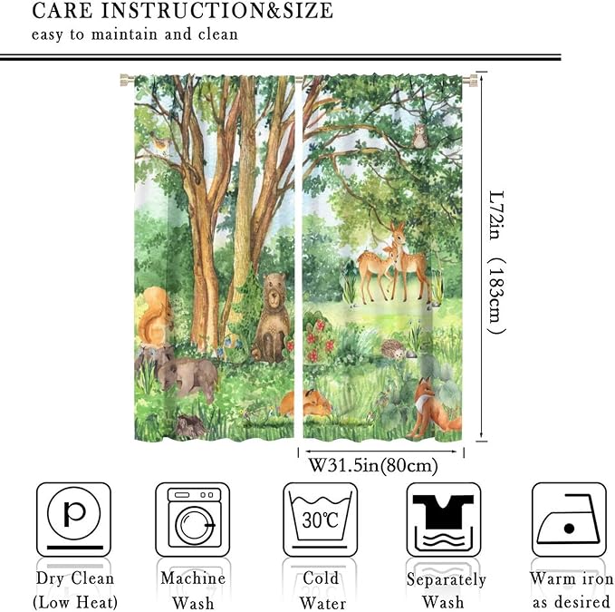 YCness Forest Animal Curtains, Watercolor Wild Animal Bear Fox Deer Kids Window Treatments for Living Room Bedroom,Green Woodland Tree Kids Drapes 2 Panel Sets,63x72 Inch, Style-1