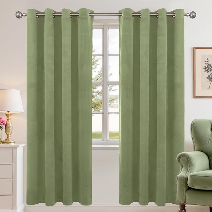 YoungsTex Sage Green Velvet Curtains 72 Inch Length for Living Room, Blackout Drapes with Grommet Room Darkening for Bedroom Privacy, 2 Panels, 52 X 72 Inch