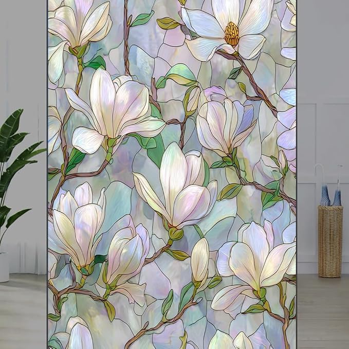 Vintage Magnolia Flower Privacy Window Film, Elegant White Floral Frosted Self-Adhesive Vinyl Cling for Glass Doors Bathroom Windows Sun Blocking Heat Control, 23.6Wx35.4L inch