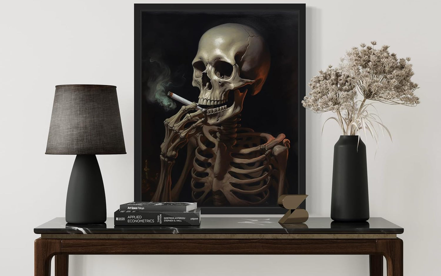 Skull Smoking Ciggarettes Poster Art Print, Halloween Scary Vintage Wall Art Academia Spooky Painting Decoration for Horror Prints, Gothic Posters Bedroom Decor 89 (Skull Smoking Ciggarettes, 8 x 10 inches, Black Frame)