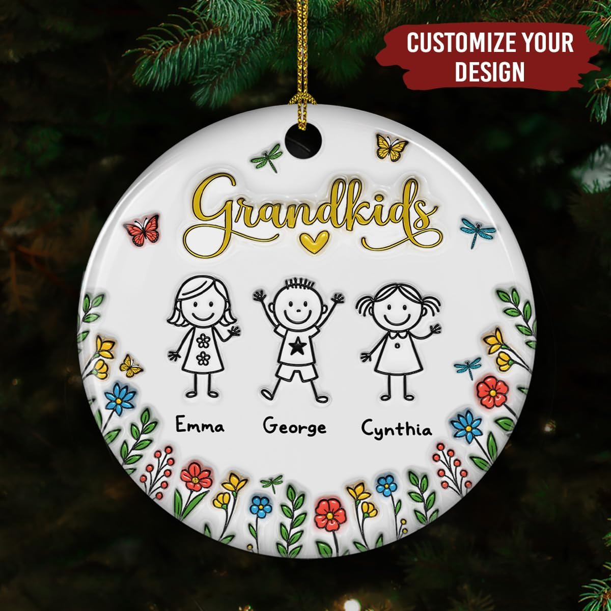 Grandkids Personalized Ceramic Ornament – Grandkids Christmas Ornament, Custom Holiday Keepsake, Family Tree Gift