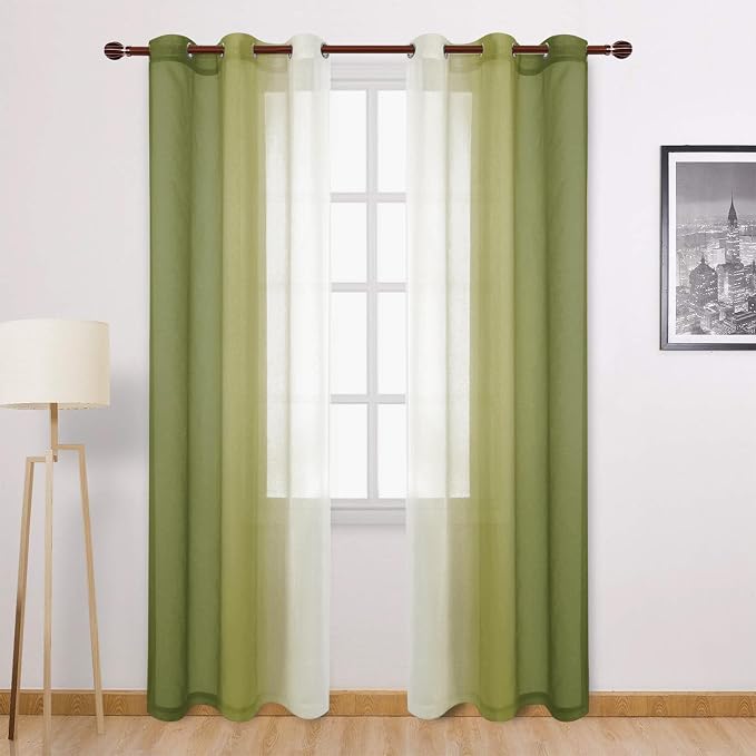 DWCN Olive Green Ombre Sheer Curtains - 84 inches Long Faux Linen Gradient Semi Voile Curtains for Bedroom and Living Room, Set of 2 Grommet Top Window Curtain Panels, 42 x 84 Inches Long