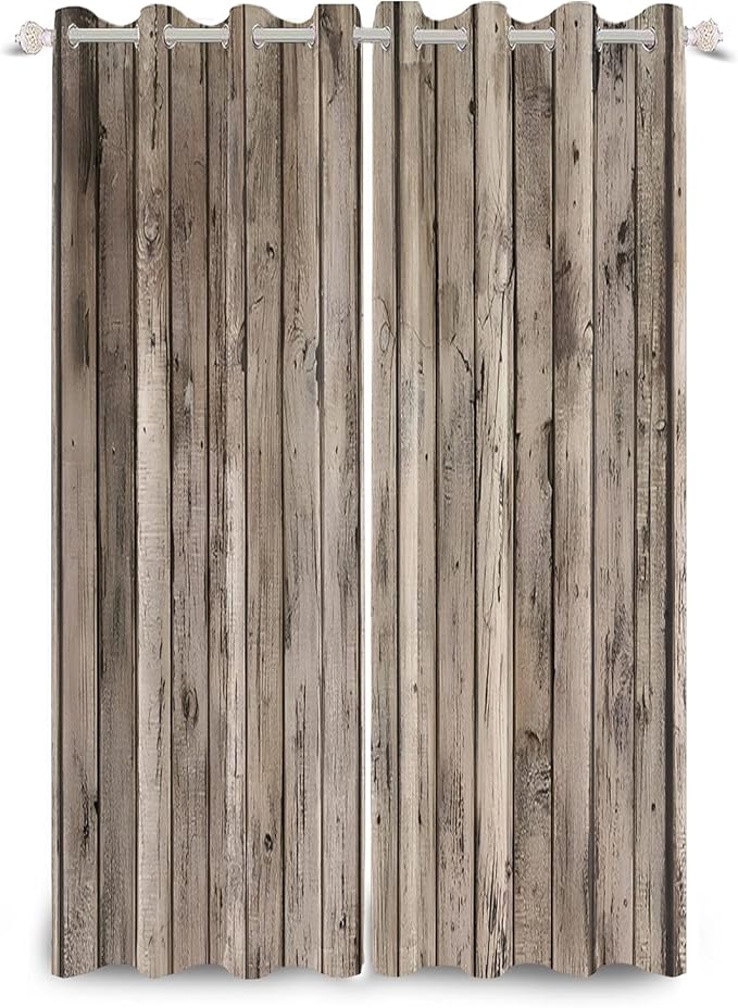 Rustic Curtains Vintage Grey Wood Barn Door Window Curtains Wood Planks American Rural Garage Door Drapes Earth Tone Wooden Door Window Treatments Native Farmhouse Decor,26x84 inch,2 Panels