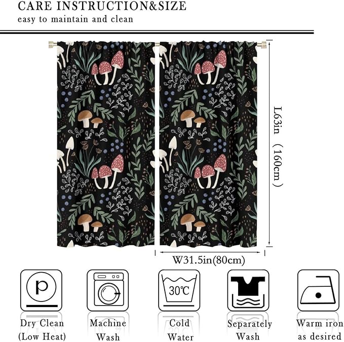 Mushroom Curtains, Cartoon Green Leaves Mushroom Wildflower Plant Botanical Boho Herb Nature Garden Print Blackout Window Drapes for Living Room Kids Bedroom 63x63in