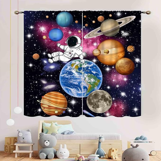 Galaxy Curtains for Bedroom, Solar System Universe Outer Space Planet Astronaut Blackout Window Drapery Treatments for Kids Boys Room Living Room Nursery Playroom 2 Panels, 84"x84" Inch