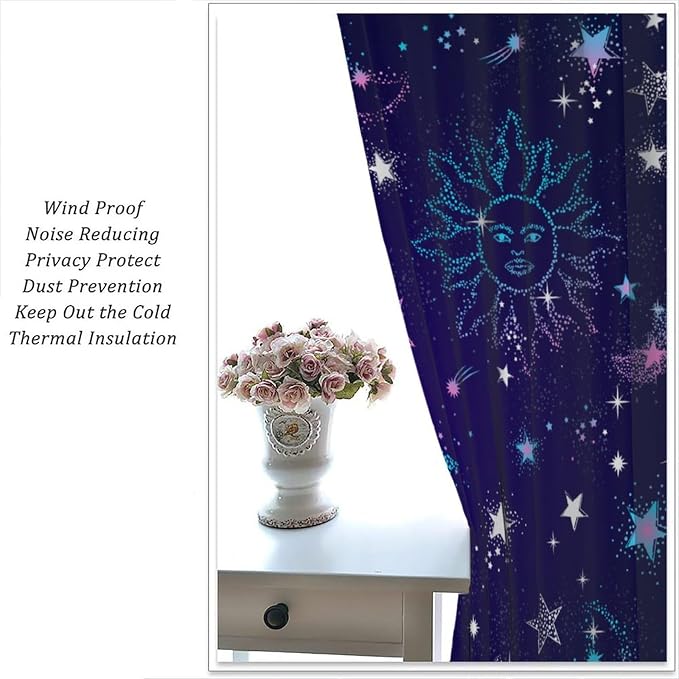 Sun Moon Stars Blackout Window Curtains, Space Galaxy Pattern Print Window Treatment Drapes for Bedroom Living Room 42" W X 63" L