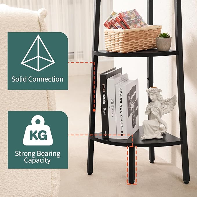 Yoobure 5‑Tier Corner Shelf – Sturdy Metal Frame & Wood Ladder Bookshelf, Space‑Saving Display Shelves for Plants & Books, Easy Assembly, for Bedroom, Living Room, Office, Balcony