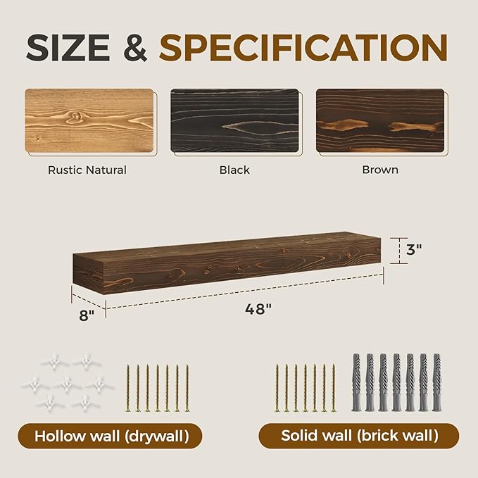 Fireplace Mantel Handmade, 3'' Thick Wall Decor Long Floating Shelf, 48inch Rustic Wood Shelf with Invisible Brackets, Brown