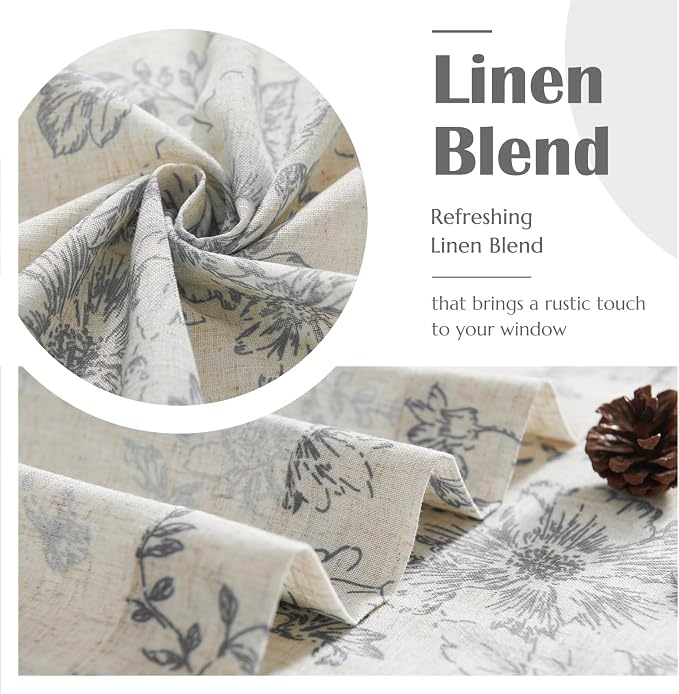 jinchan Linen Floral Tier Curtains 24 Inch Farmhouse Botanic Grey Cafe Curtains Light Filtering Drapes for Small Windows Back Tab Half Window for Kitchen Living Room Bathroom 2 Panels Gray