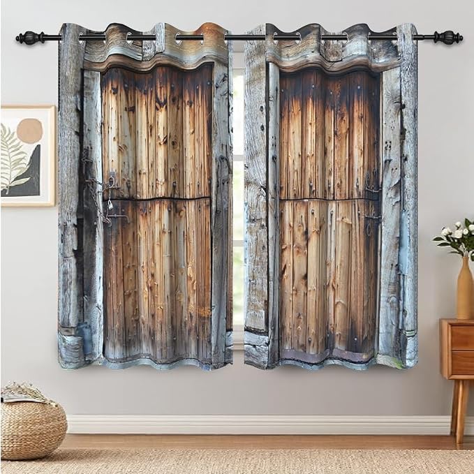 Rustic Barn Door Window Curtains Vintage Dilapidated Wooden Door Window Curtains Window Drapes for Living Room Bedroom Rural Farmhouse Farm Kitchen Window Treatment,26x84 inch,2 Panels